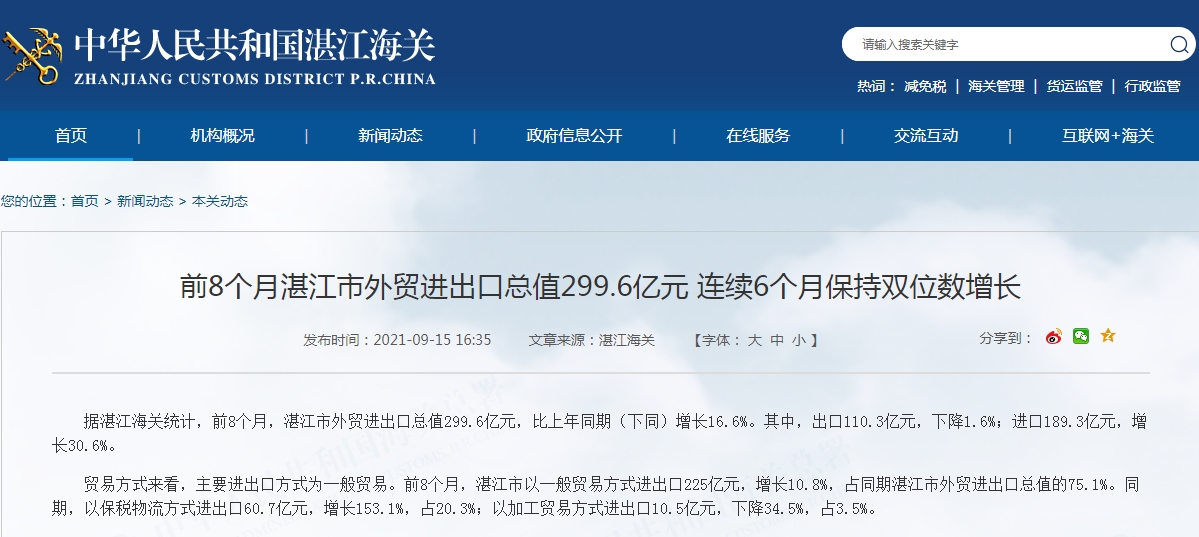 前8个月湛江市外贸进出口总值299.6亿元 连续6个月保持双位数增长