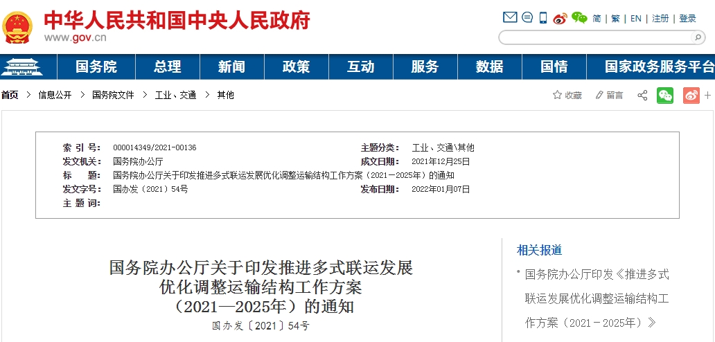 推进多式联运发展、优化调整运输结构工作方案(2021—2025年)
