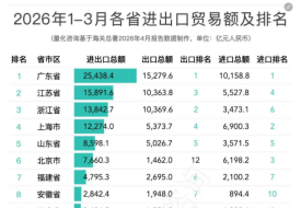 2026年1-3月全国31省及20强城市进出口贸易额排名分析