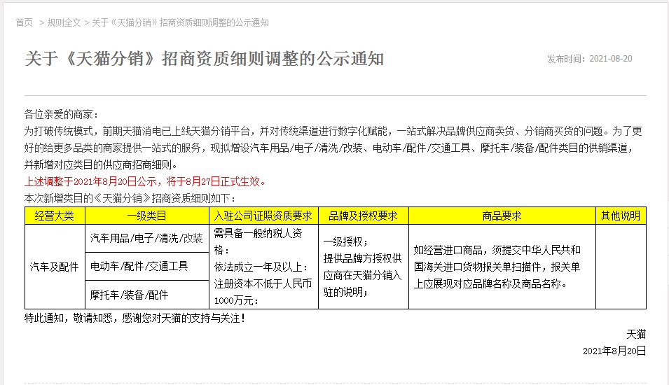 天猫分销》招商资质细则调整 将于8月27日生效-货之家