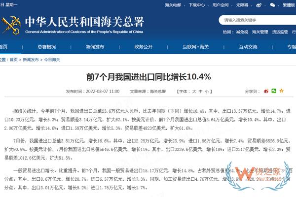 前7个月我国进出口同比增长10.4%，以保税物流方式进出口同比增长9.3%-货之家